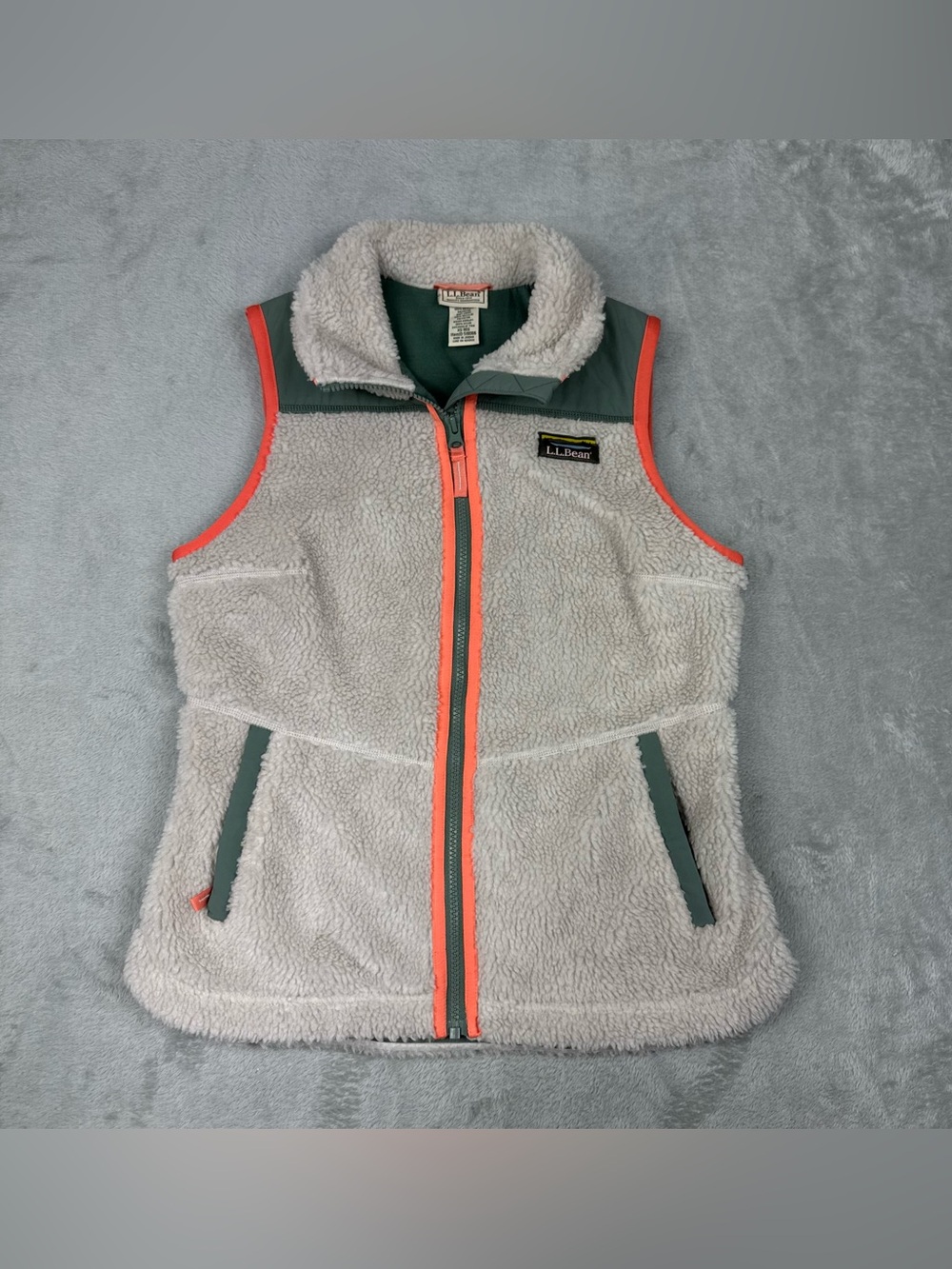 L.L.Bean Sz XS Fleece Vest Women Bean's Sherpa Zip Up Green Coral Trim Pockets - Picture 1 of 9